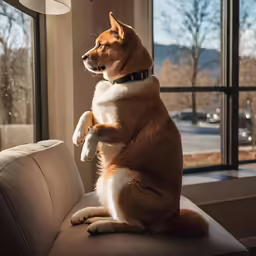 a dog stands upright on a couch looking out a window