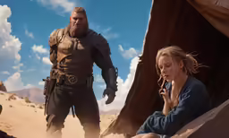a man and a woman sit inside a desert shelter while another holds her hand to her mouth