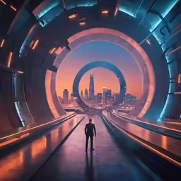 a man in a tunnel looking at the city
