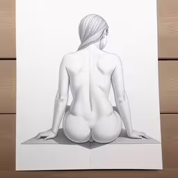 the white drawing of a woman is displayed,a nude woman sitting on a floor drawn in white paper