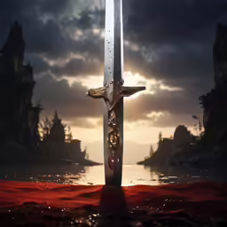 a sword stands in the dark and is on top of a red carpet