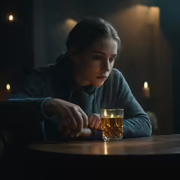 woman sitting at a table in front of a drink