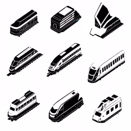 six different trains that are black and white