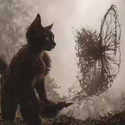a black cat is in the middle of a scene, as an animal looks on