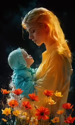 a woman with her child in an image of flower