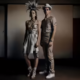 two people standing in front of a wall, wearing white shoes