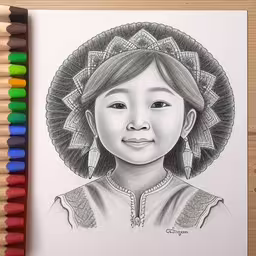 a drawing of a young asian girl with hair bun,a pencil drawing of a smiling girl