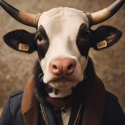 a close up of a bull wearing horns on its head