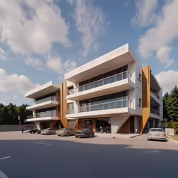 an image of a building that has cars parked in the parking lot