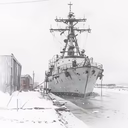 a large white boat is tied up in snow