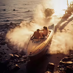 a couple in a speed boat splashing up some sand