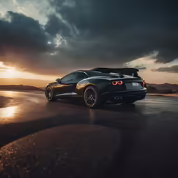 a black car with its hood up on a road