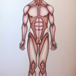 the man is showing his muscles and a muscles diagram,the muscles are outlined as they appear in a diagram