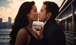 a man and woman kissing while standing next to each other