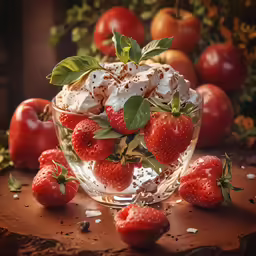 the dessert is in a glass bowl on a wood table