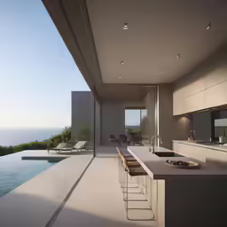 a kitchen and a dining area next to a large glass walled pool