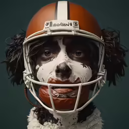 a man in a uniform has black hair and a brown football helmet on