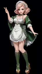 a doll dressed in a dress and hat with her hand out