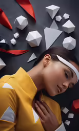 woman wearing blindfolded headband laying on wall of geometric shapes