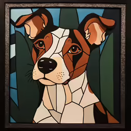 a brown and white dog painted on glass