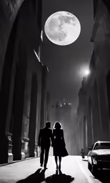 two people walking across the street with a full moon in the background