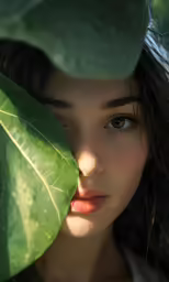 the beautiful young lady is posed with large leaves
