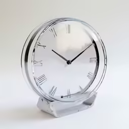 a metal clock on a stand, with roman numerals