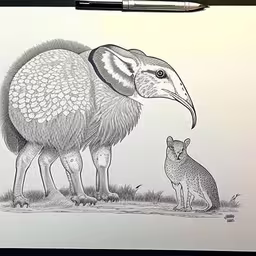 a drawing shows an animal, bird and mouse,this drawing depicts an adult and juvenile bird