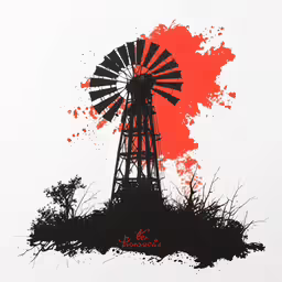 a painting on a white background of a windmill