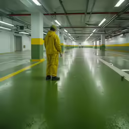 a man in a yellow suit is standing in a green floor