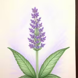 an abstract drawing of a purple flower,a painting of purple and green flowers in the corner,a purple flower is depicted in this pastel drawing,a lavender colored drawing with green leaves,a drawing of a purple flower and leaves on white paper