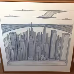 a drawing of a large city is in a frame,drawing of city from a height perspective
