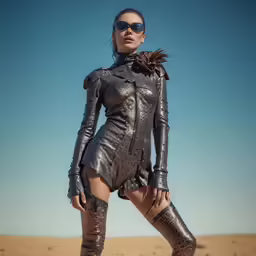 the woman in the leather dress stands in a desert