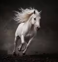 white horse with long mane in motion on dark background