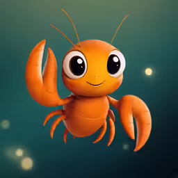 an orange lobster with large eyes floating in the ocean