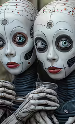 two skeletons dressed in skeletons are drinking coffee