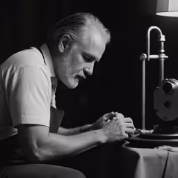 man in white shirt and apron looking into microscope