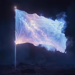 the smoke - covered flag is flying high above the ground