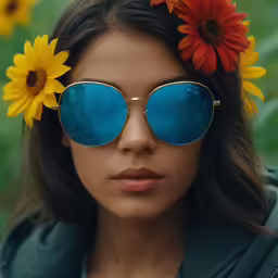 a woman with sunflowers in her hair and sunglasses