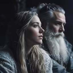 an old man and a woman looking at something in the distance