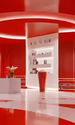the store has red walls and displays in them
