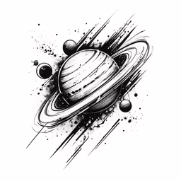 a black and white image of saturn with stars on it