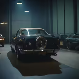 old cars sitting in a room full of people and a light