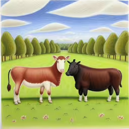 two animals stand in the middle of the grass,a painting of a cow and cow standing side by side