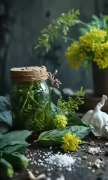 herbs in a glass jar next to garlic and other spices