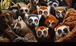 the group of furry creatures is showing large, orange eyes