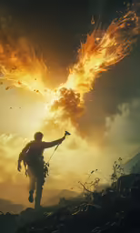 an angel fire dragon flying over a man