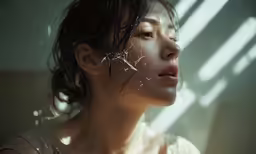 a young woman looks down on the sun shining through her hair
