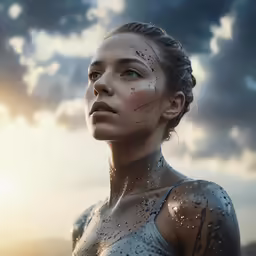 a woman covered in glitter looks over her shoulder