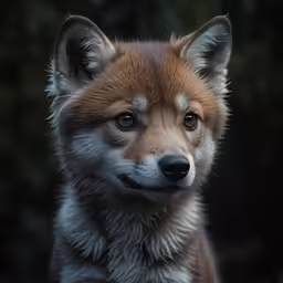 an orange and white wolf is looking at the camera